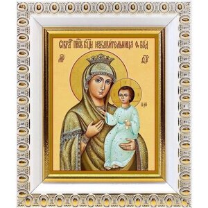 Икона Божией Матери "Избавительница", в белой пластиковой рамке 8,5*10 см