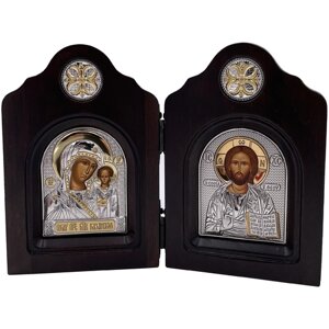 Икона Божией Матери Казанская и Спаситель, диптих, шелкография, золотой декор, серебро 9,5*14 см