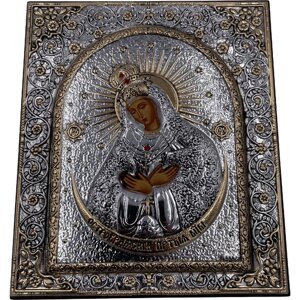 Икона Божией Матери Остробрамская, деревянная с патиной, шелкография, «золотой» декор, 11*12,5см
