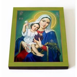 Икона Божией Матери "Покрывающая" Домодедовская в синем облачении, печать на доске 8*10 см