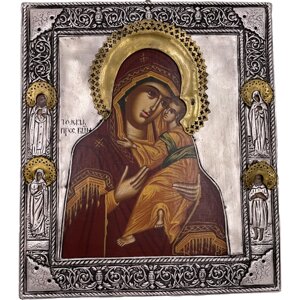 Икона Божией Матери "Сладкое Лобзание", деревянная, патина, шелкография, золотой и серебряный декор 27*31 см