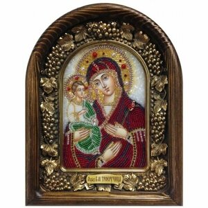 Икона Божией Матери Троеручица из бисера и натуральных камней, арт ДИ-358