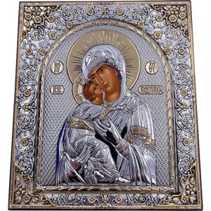 Икона Божией Матери Владимирская, деревянная с патиной, шелкография, золотой декор 15,5*17,5 см