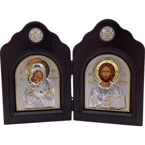 Икона Божией Матери Владимирская и Спаситель, диптих, шелкография, золотой декор, серебро, 12*18 см