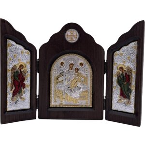 Икона Божией Матери Всецарица, деревянная с патиной, шелкография, золотой декор , триптих 12*18,5 смсм