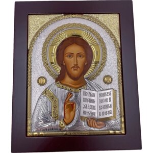 Икона Христос Спаситель, деревянная, шелкография, «золотой» декор, «серебро», 15*18 см