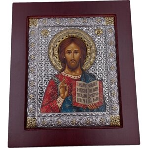 Икона Христос Спаситель, деревянная, шелкография, «золотой» декор, «серебро», 8,5*9,5 см