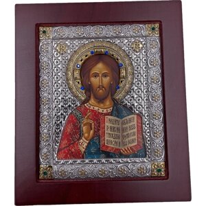 Икона Христос Спаситель, деревянная, шелкография, «золотой» декор, «серебро», стразы 11*13 см