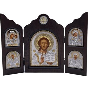 Икона Христос Спаситель, триптих, 5 икон, шелкография, «золотой» декор, «серебро», стразы 16*24 см
