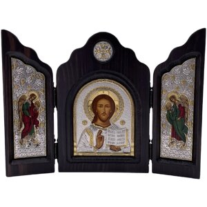 Икона Христос Спаситель, триптих, шелкография, «золотой» декор, «серебро» 16*24 см
