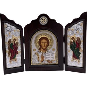 Икона Христос Спаситель, триптих, шелкография, «золотой» декор, «серебро», стразы 16*24 см