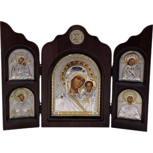 Икона Казанская Божия Матерь, триптих, 5 икон, шелкография, «золотой» декор, «серебро», стразы, 16*24 см