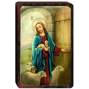 Икона на деревянной основе Иисуса Христа "Пастырь Добрый с овечками"6*4*1 см).