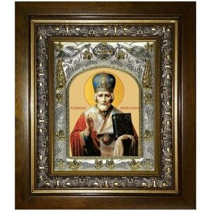 Икона Николай чудотворец, архиепископ Мир Ликийских, святитель, 14х18 см, в окладе и киоте