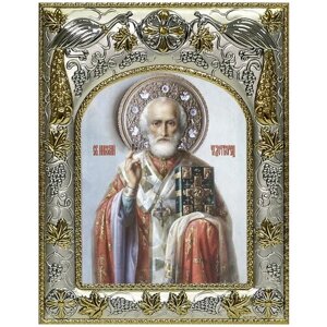 Икона Николай чудотворец, архиепископ Мир Ликийских, святитель, 14х18 см, в окладе