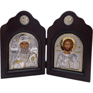 Икона Николай Чудотворец и Спаситель, диптих, шелкография, «золотой» декор, «серебро» 12*18 см