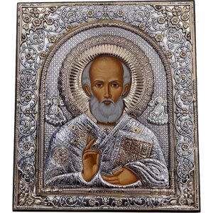 Икона Николай Чудотворец Святитель, деревянная с патиной, шелкография, золотой декор 11*12,5 см