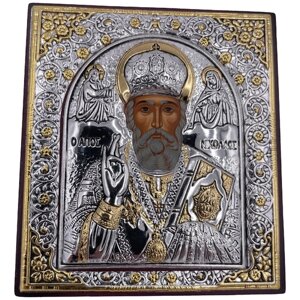 Икона Николай Чудотворец Святитель, деревянная с патиной, шелкография, золотой декор 8,5*10,5 см