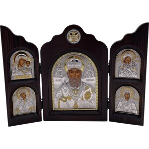 Икона Николай Чудотворец, триптих, 5 икон, шелкография, «золотой» декор, «серебро» 24*16 см