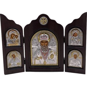 Икона Николай Чудотворец, триптих, 5 икон, шелкография, «золотой» декор, «серебро», стразы 16*24 см