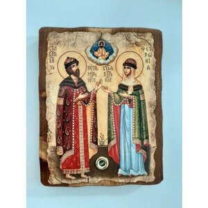 Икона под старину на состаренном дереве с печатью хризмы Св. Петра и Февронии Муромских, с частицей покровца от их мощей. 13см17см