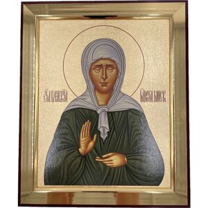 Икона Святая Матрона Московская, открытый лик, деревянная с патиной, шелкография, «золотой» декор, 18*21,5см