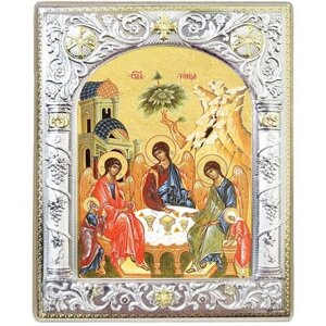 Икона "Святая Троица" на бронепластине "Angelos" с сер. рамкой, размер: 08х06см.