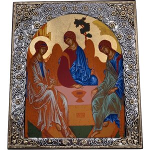 Икона Святая Троица, открытый лик, деревянная с патиной, шелкография, «золотой» декор, 15,5*17,5см