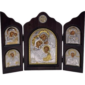 Икона Святое Семейство, триптих, 5 икон, шелкография, золотой декор, серебро, стразы16*24 см