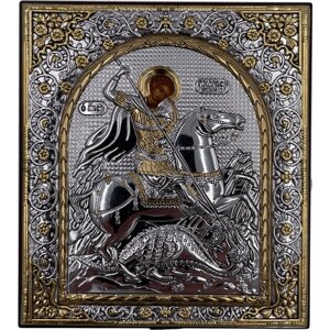 Икона Святой Георгий Победоносец, деревянная с патиной, шелкография, золотой декор 10*12 см