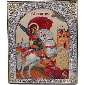 Икона Святой Георгий Победоносец, деревянная с патиной, шелкография, золотой декор 21*25 см