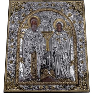 Икона Святой Куприян и Устинья, деревянная с патиной, шелкография, золотой декор,11*12,5 см
