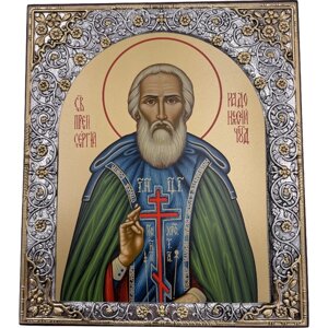 Икона Святой Сергий Радонежский, открытый лик, деревянная с патиной, шелкография, «золотой» декор, 11*12,5см