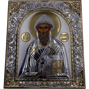 Икона Святой Спиридон, деревянная с патиной, шелкография, золотой декор , 11*12,5 см