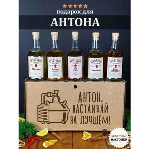 Именной набор для приготовления крафтовых настоек WoodStory "Антон настаивает", 5 бутылок по 0,5 л.