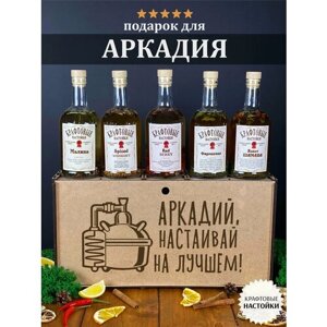 Именной набор для приготовления крафтовых настоек WoodStory "Аркадий настаивает", 5 бутылок по 0,5 л.