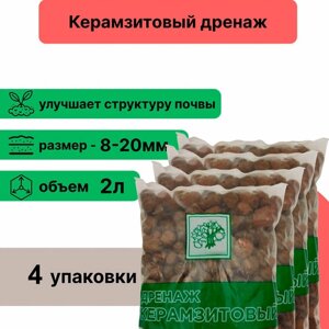Керамзитовый дренаж, фракция 8-20 мм, 2л (4 упаковки), для применения в садово-огородных хозяйствах и в комнатном растениеводстве
