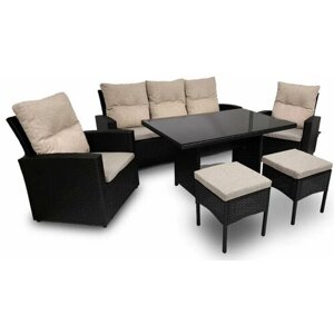 Комплект мебели из ротанга Соренто Premium+gray)/ Производство РФ. Комплект мебели для сада: обеденный стол, диван, 2 кресла, 2 пуфа, подушки в комплекте