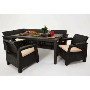 Комплект садовой мебели из ротанга Set 5+1+1+обеденный стол 160х95, с комплектом серых подушек