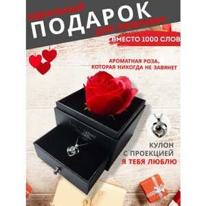 Комплект украшений / подарочный набор для девушки "Best Wishes", подарок к 8 Марта, кулон с ароматной розой в выдвижной коробке, кулон с проекцией