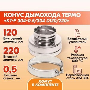 Конус Термо КТ-Р 304-0.5/304 D120/220 с хомутом дымохода двухконтурный с тепловой изоляцией, сэндвич конус термо из нержавейки для дымохода