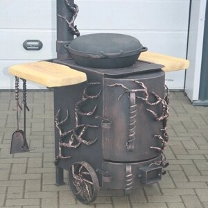 Кованная печь для казана с двумя столиками и дымоходом, на колесах, Ветки дерева - огнеупорная краска
