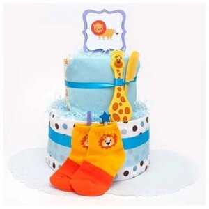 Красочный торт из японских памперсов и детской одежды "Африка" для новорожденного малыша на день рождения и выписку из роддома