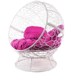 Кресло кокон Апельсин с ротангом M-Group Белое с розовой подушкой 1400х1500х1500