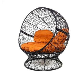 Кресло кокон Апельсин с ротангом M-Group Черное с оранжевой подушкой 1400х1500х1500