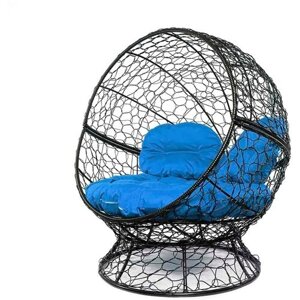 Кресло кокон Апельсин с ротангом M-Group Черное с синей подушкой 1400х1500х1500
