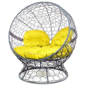 Кресло кокон Апельсин с ротангом M-Group Серое с желтой подушкой 1400х1500х1500