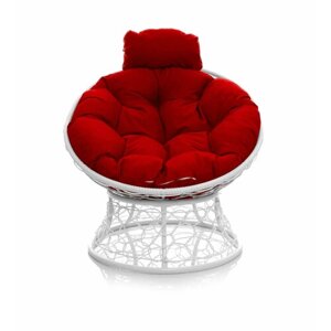 Кресло "Папасан" мини с ротангом белое / красная подушка M-Group