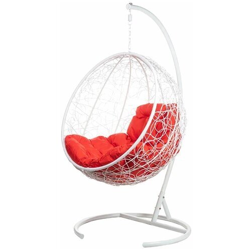 Кресло подвесное Bigarden "Kokos", белое, со стойкой, красная подушка (чехол в подарок)