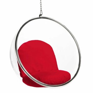 Кресло-шар подвесное Bubble Chair (Бабл) прозрачное, красные подушки
